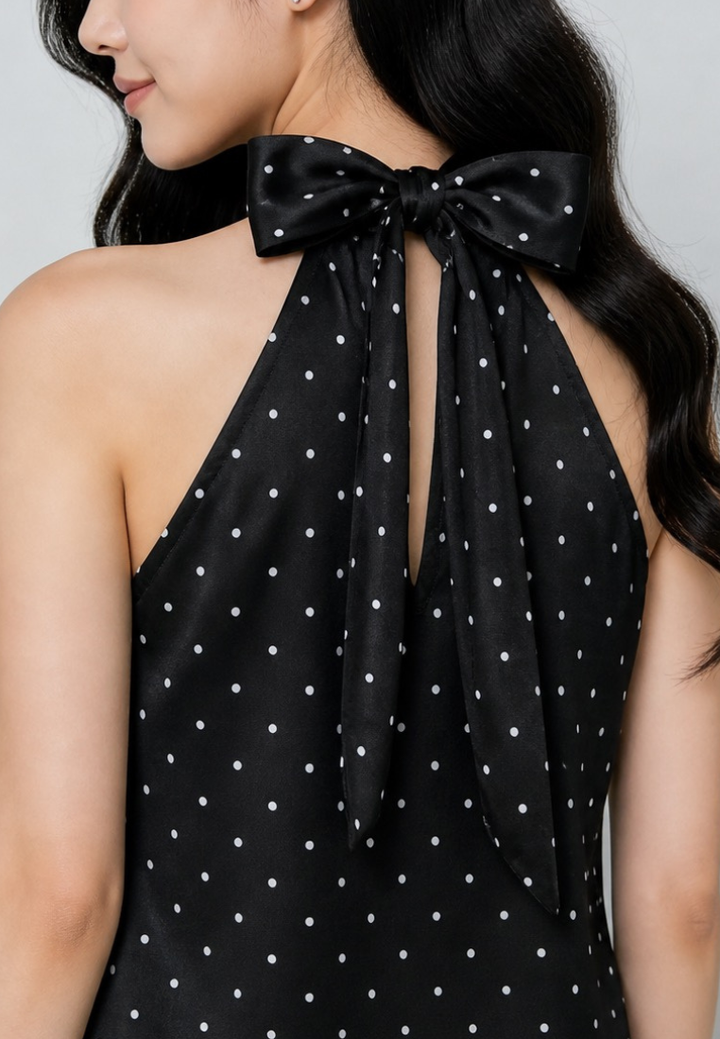 Yumi Satin Polka Dot Halter-Neck With Self Tie Ribbon Top (Black)