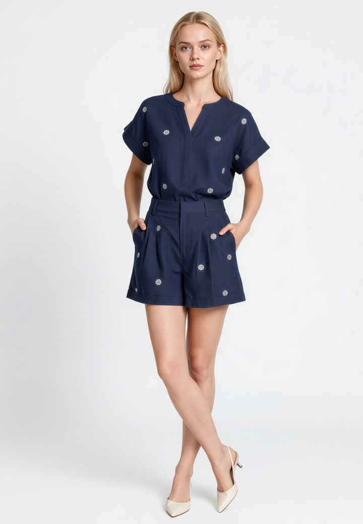 Emmeline Sequin Embellished High Waist Cuffed Shorts (Navy Blue)