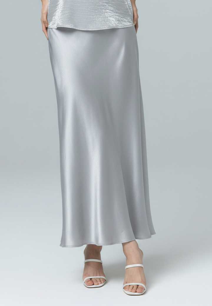 Remi Satin Flowy A-line Midi Skirt (Blue)