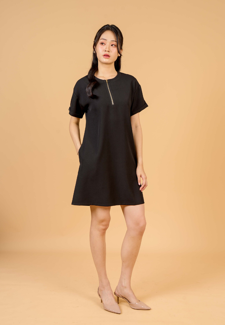 Rylee A-Line With Gold Zipper Dress(Black)