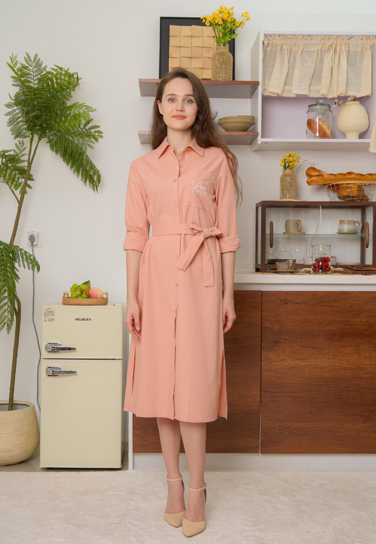 Aroha Long Sleeve Cotton Linen Button Down Dress (Pink)