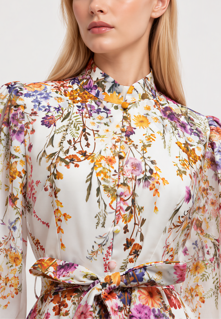 Nicole Floral Prints Mandarin Collar Puff Sleeve Belted Midi Dress (White)