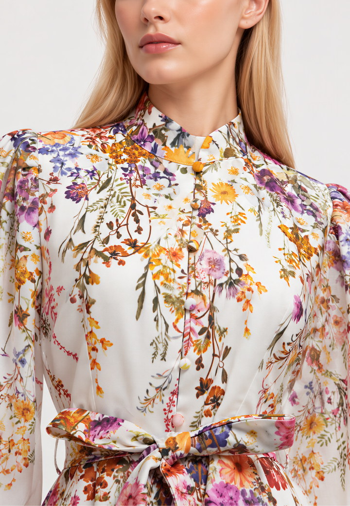 Nicole Floral Prints Mandarin Collar Puff Sleeve Belted Midi Dress (White)