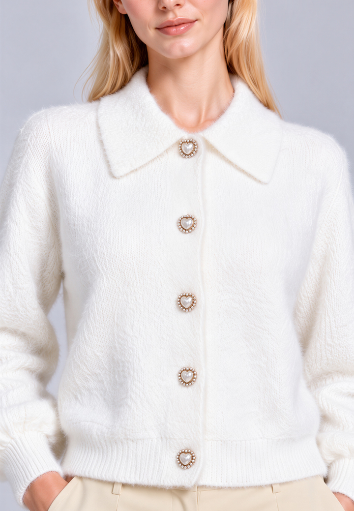 Delilah Fuzzy Cardigan With Heart Pearl Buttons (White)