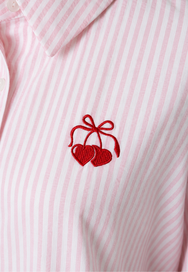 Catherine Striped Cherry Ribbon Shirt (Pink)