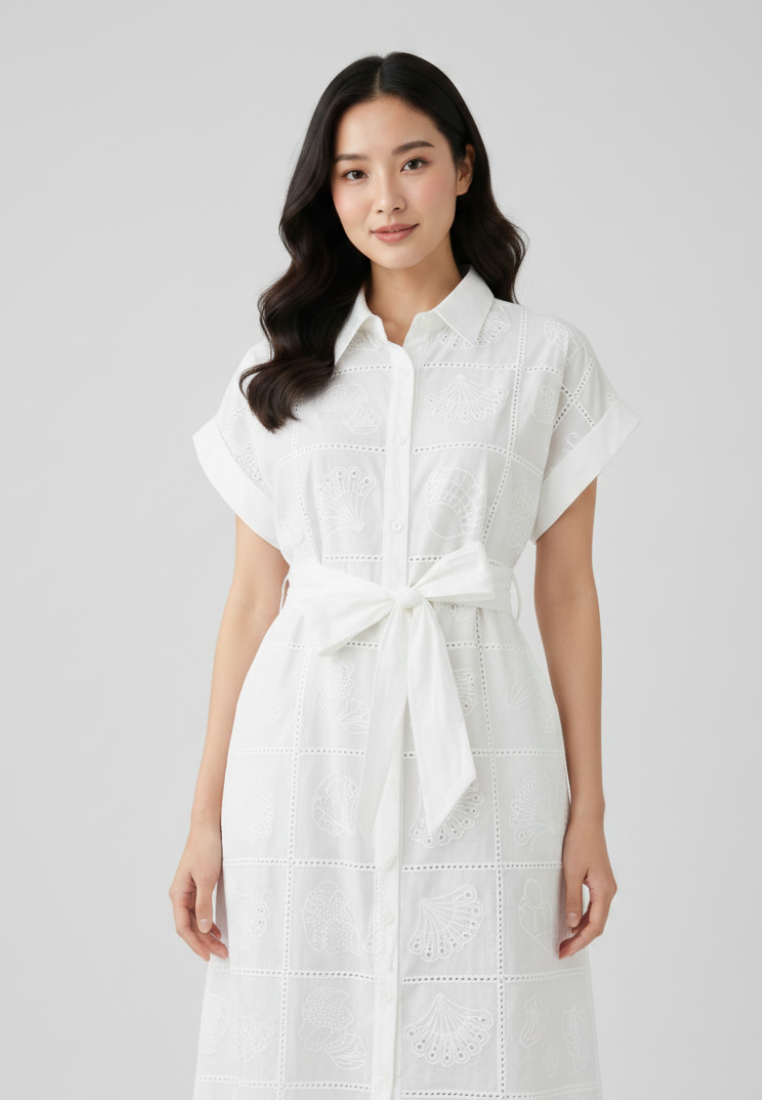 Cora Seashell Cotton Eyelet Tie Waist Midi Dress (White)