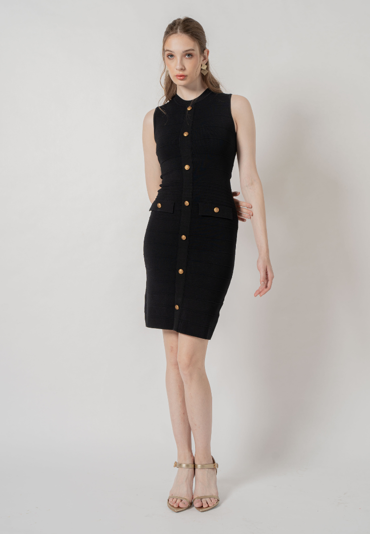 Love Knot Label | Solene Gold Buttons Embellished Knitted Dress (Black) Love Knot Label | Solene Gold Buttons Embellished Knitted Dress (Black)