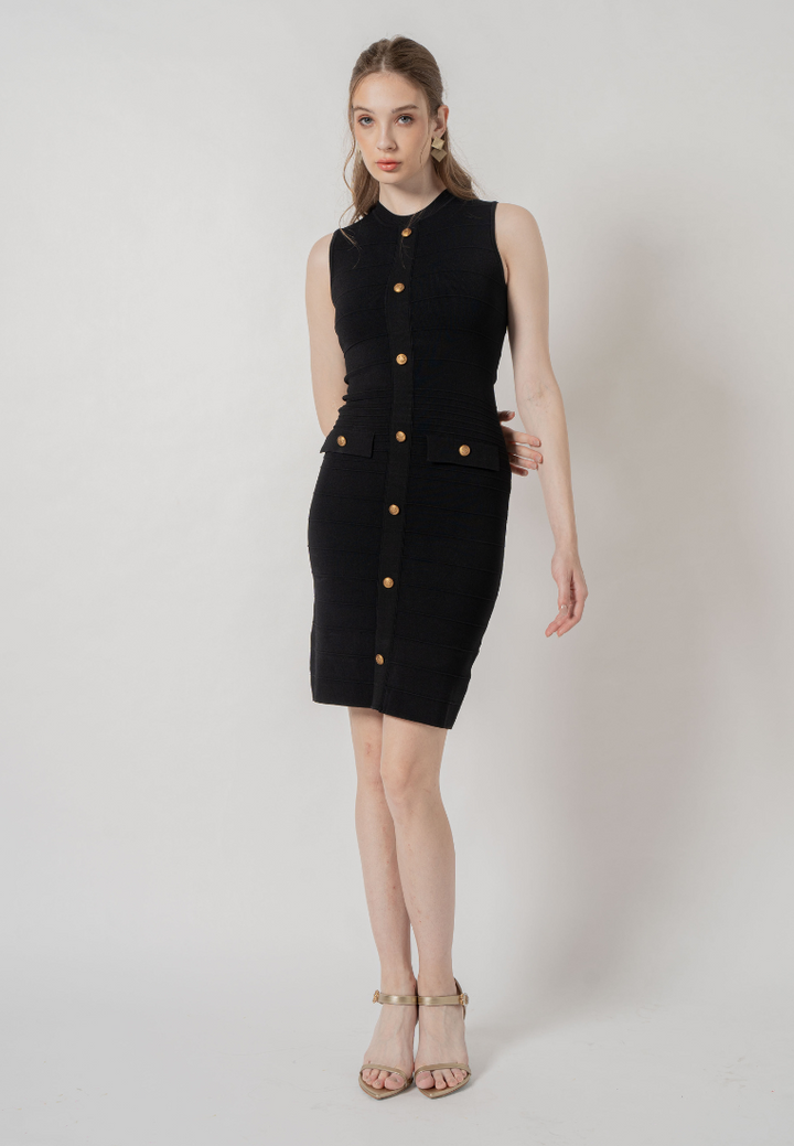 Solene Gold Buttons Emeblished Knitted Dress (Black)