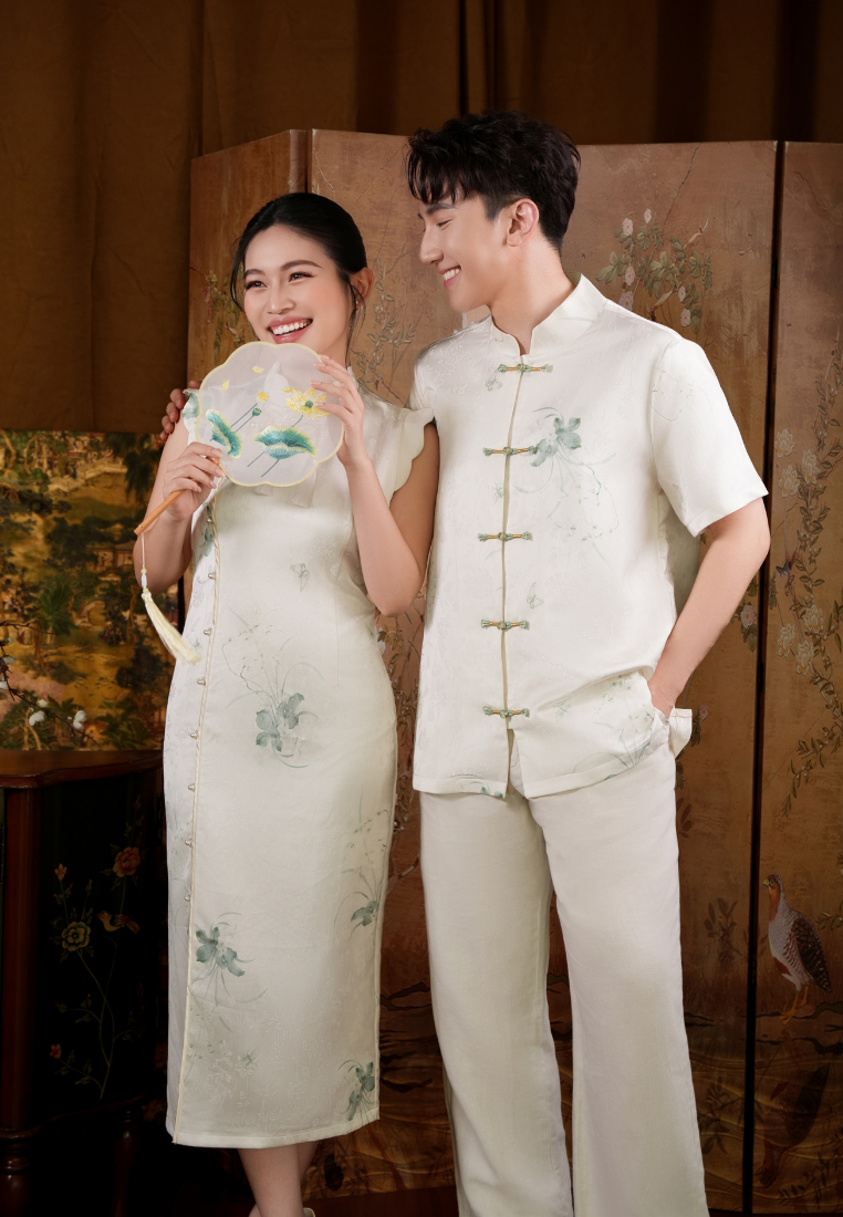 Yun Men’s Fortune Wings Silky Samfu Top (White)