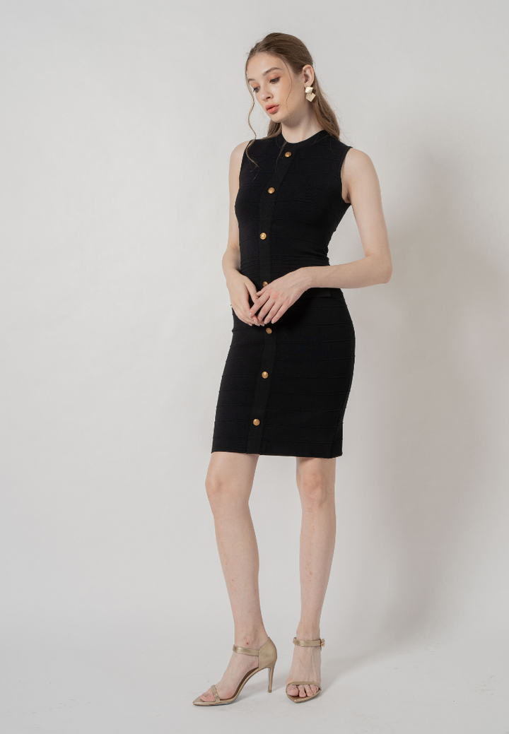 Solene Gold Buttons Emeblished Knitted Dress (Black)