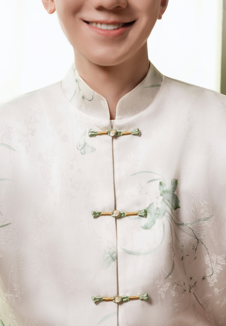 Yun Men’s Fortune Wings Silky Samfu Top (White)