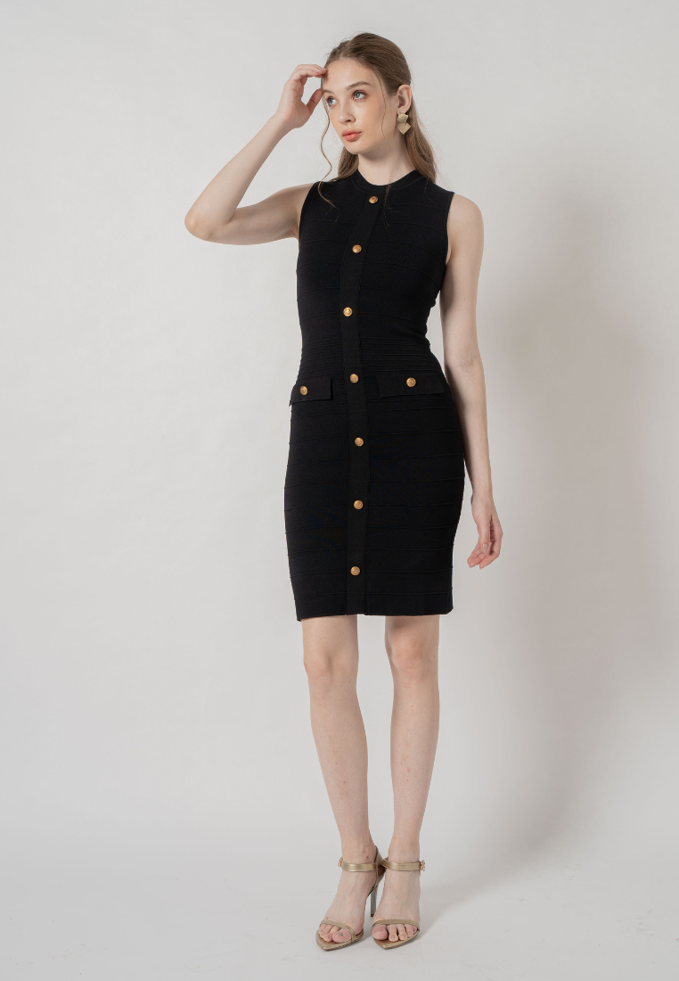 Solene Gold Buttons Emeblished Knitted Dress (Black)