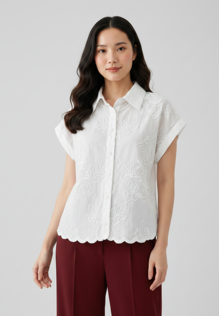 Phoebe Cotton Embroidered Scalloped Hem Button Down Shirt (White)