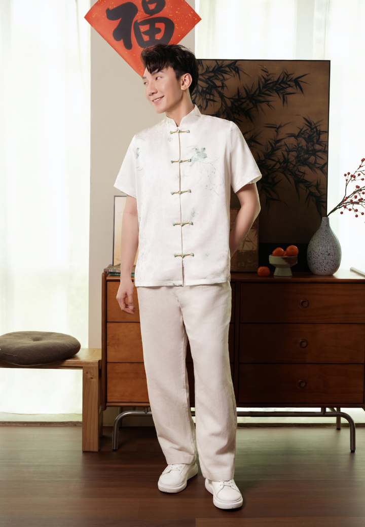 Yun Men’s Fortune Wings Silky Samfu Top (White)