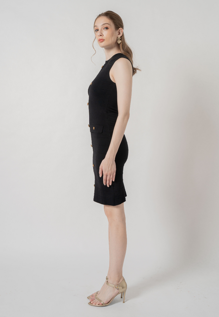 Solene Gold Buttons Emeblished Knitted Dress (Black)