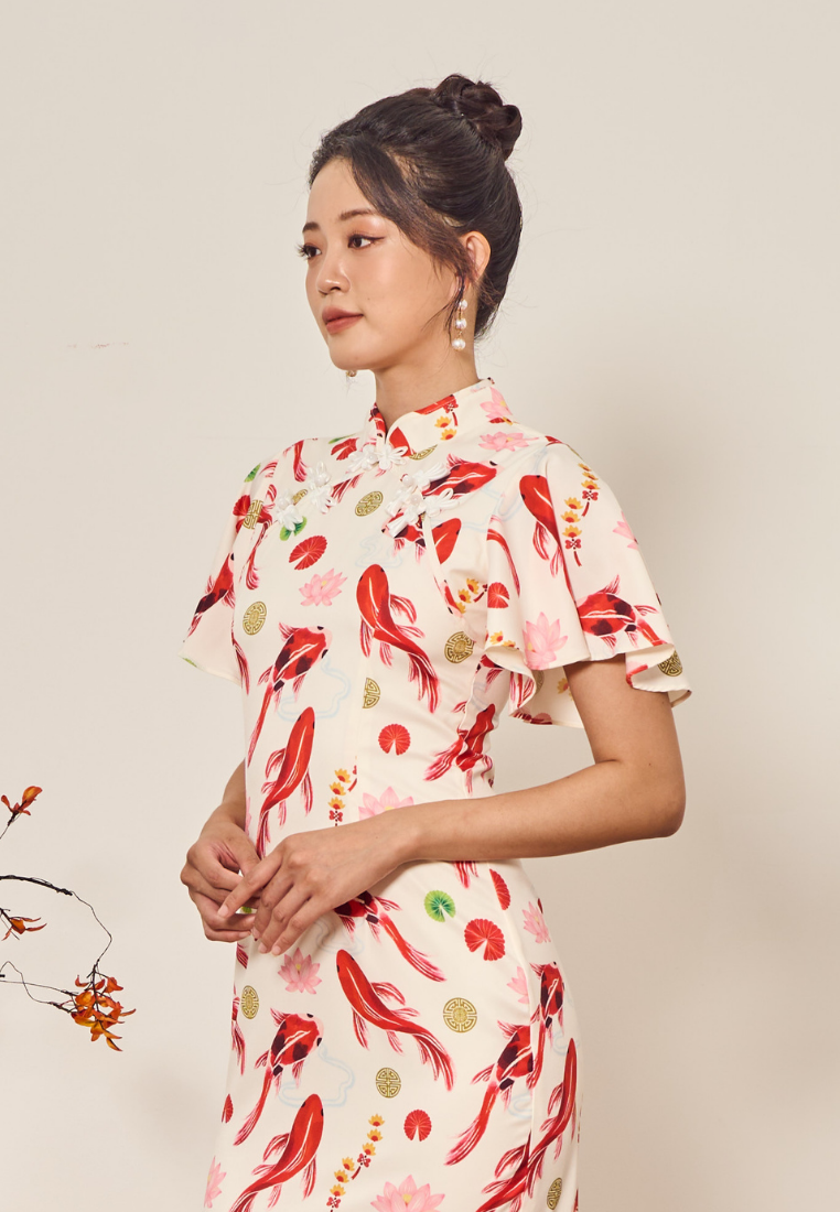 The Koi 锦鲤报喜 In-house Prints Ruffle Hem Cheongsam (White)