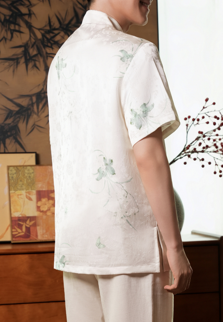 Yun Men’s Fortune Wings Silky Samfu Top (White)