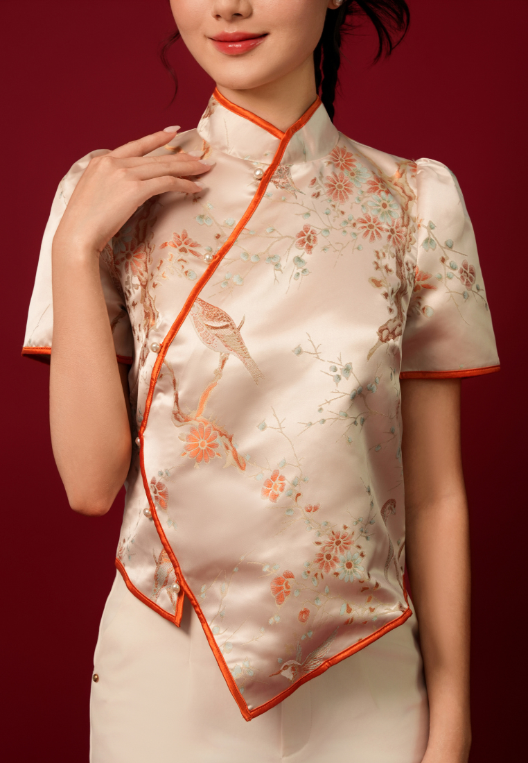 Jin Cai Jacquard Asymmetrical Cheongsam Top (Pink)