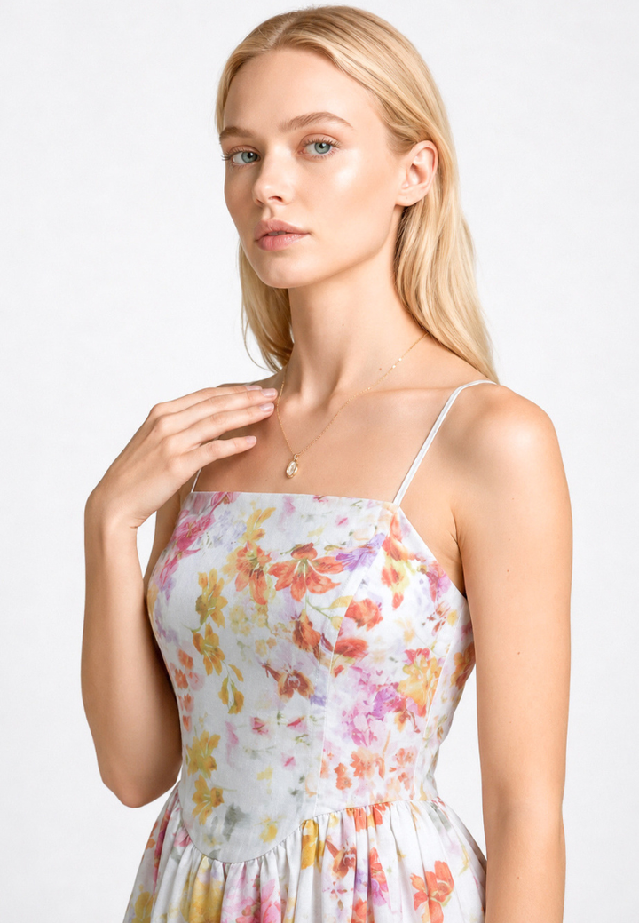 Close-up of Love Knot Aurora dress — floral print and straight neckline detail