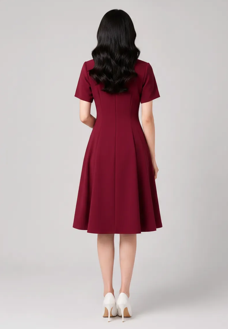 Audrey Pearl Beaded Neckline Fit and Flare Dress (Burgundy)
