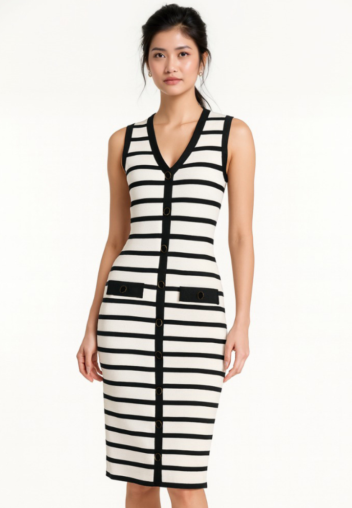 Nolly Knitted Stripe Faux Button Dress (White)