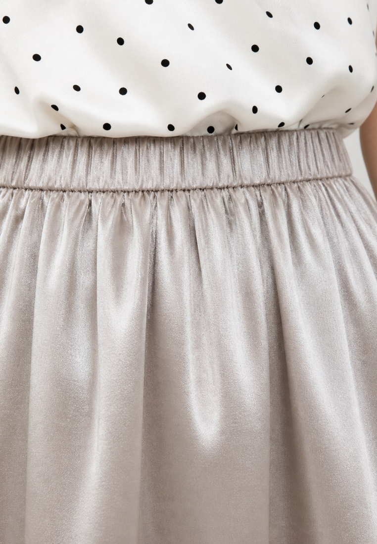Remi Satin Flowy A-line Midi Skirt (Beige)