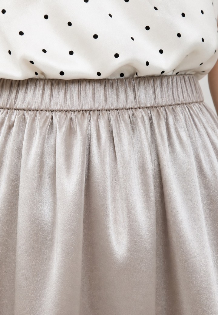 Remi Satin Flowy A-line Midi Skirt (Beige)