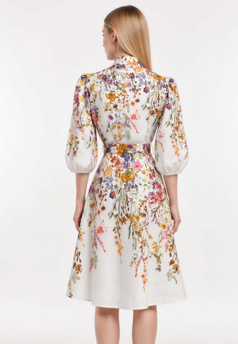 Nicole Floral Prints Mandarin Collar Puff Sleeve Belted Midi Dress (White)