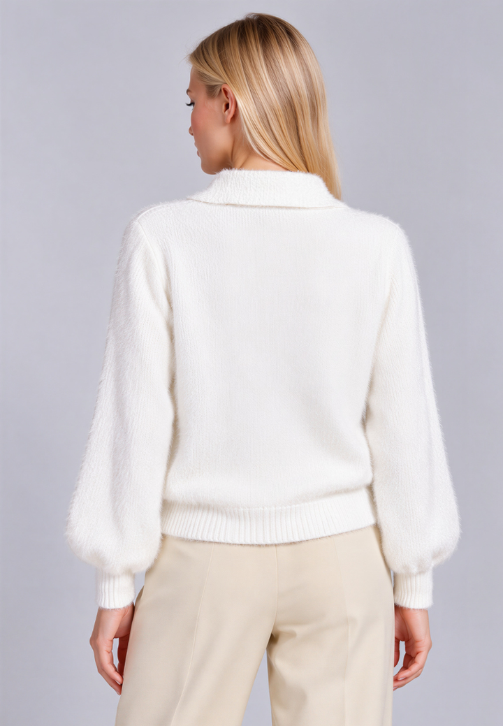 Delilah Fuzzy Cardigan With Heart Pearl Buttons (White)