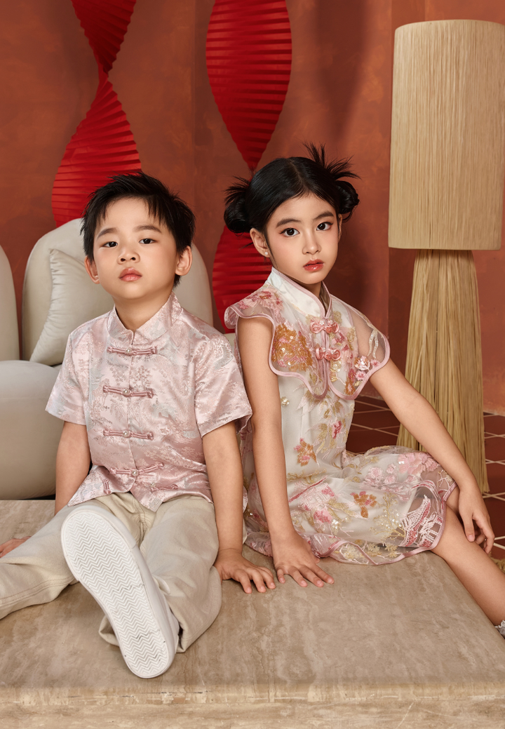 Huan Le Spring Courtyard Jacquard Boy Samfu Top (Pink)