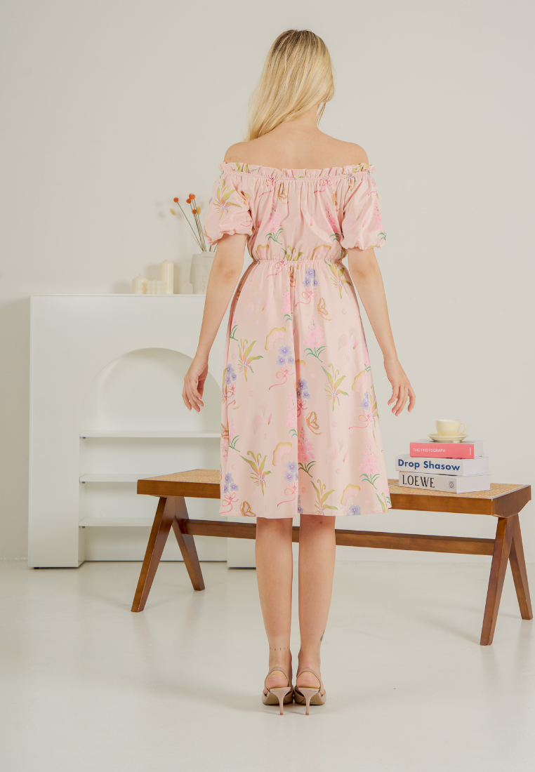 Bloom Off-shoulder Flare Dress(Pink)