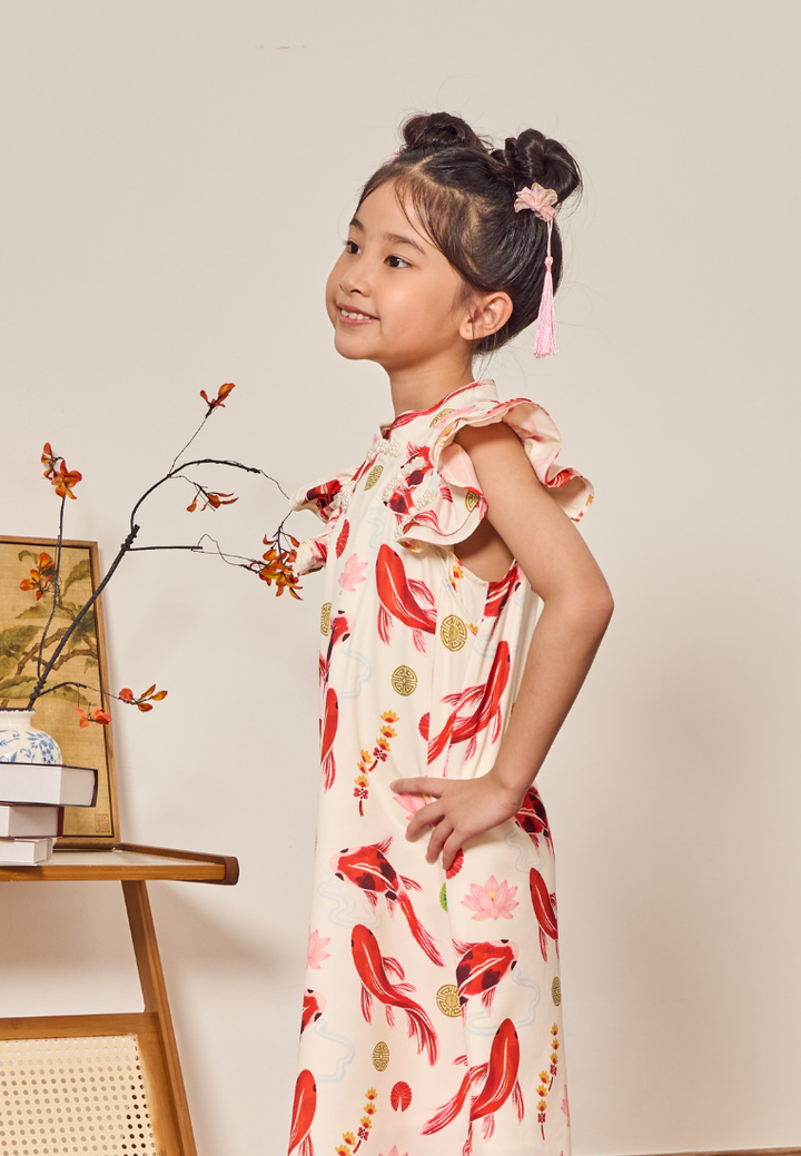 Little Koi 锦鲤腾飞 In-house Prints Cheongsam (White)