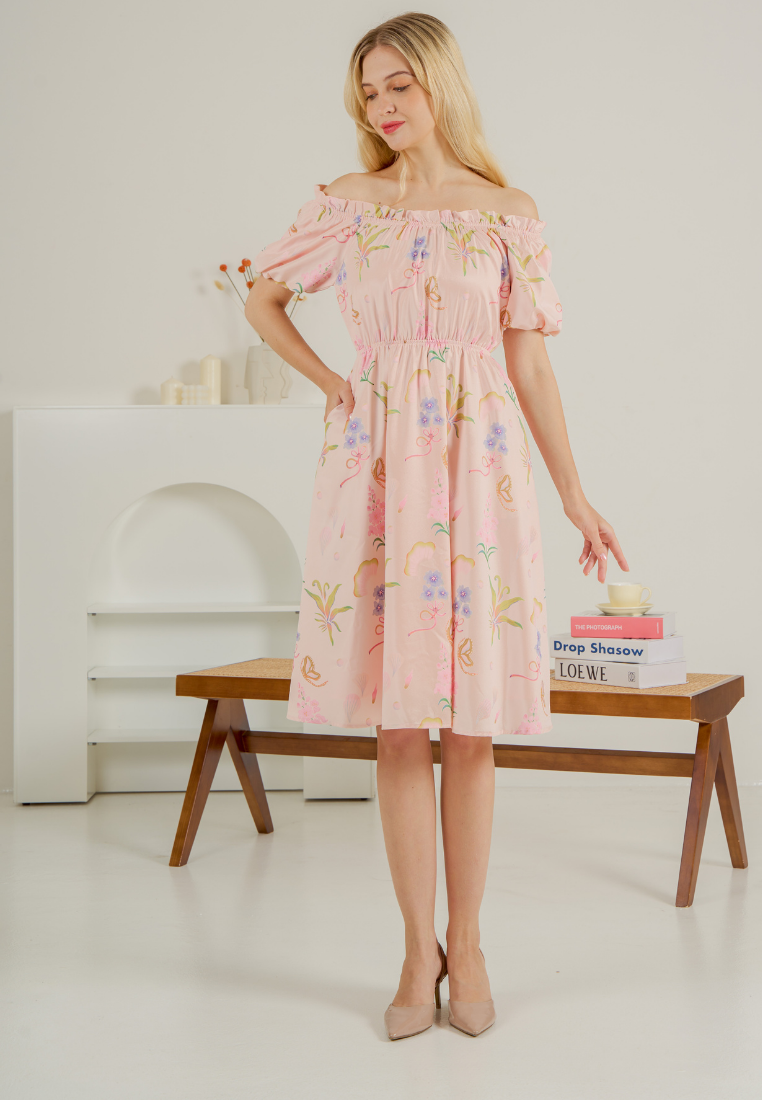 Bloom Off-shoulder Flare Dress(Pink)