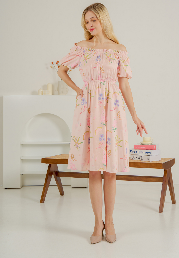 Bloom Off-shoulder Flare Dress(Pink)