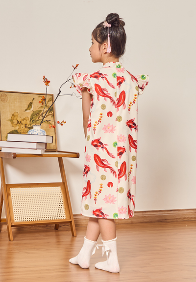 Little Koi 锦鲤腾飞 In-house Prints Cheongsam (White)