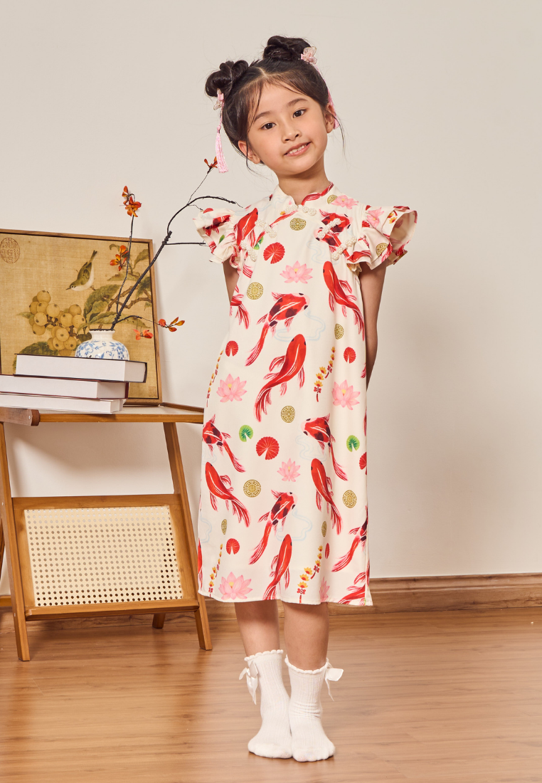 Little Koi 锦鲤腾飞 In-house Prints Cheongsam (White)