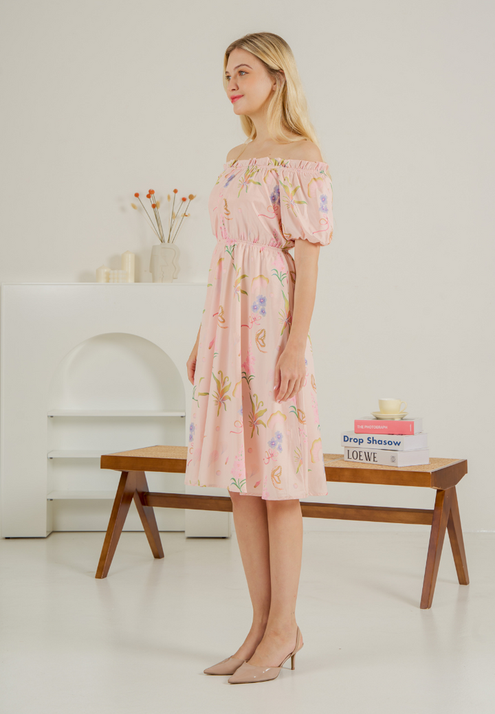 Bloom Off-shoulder Flare Dress(Pink)