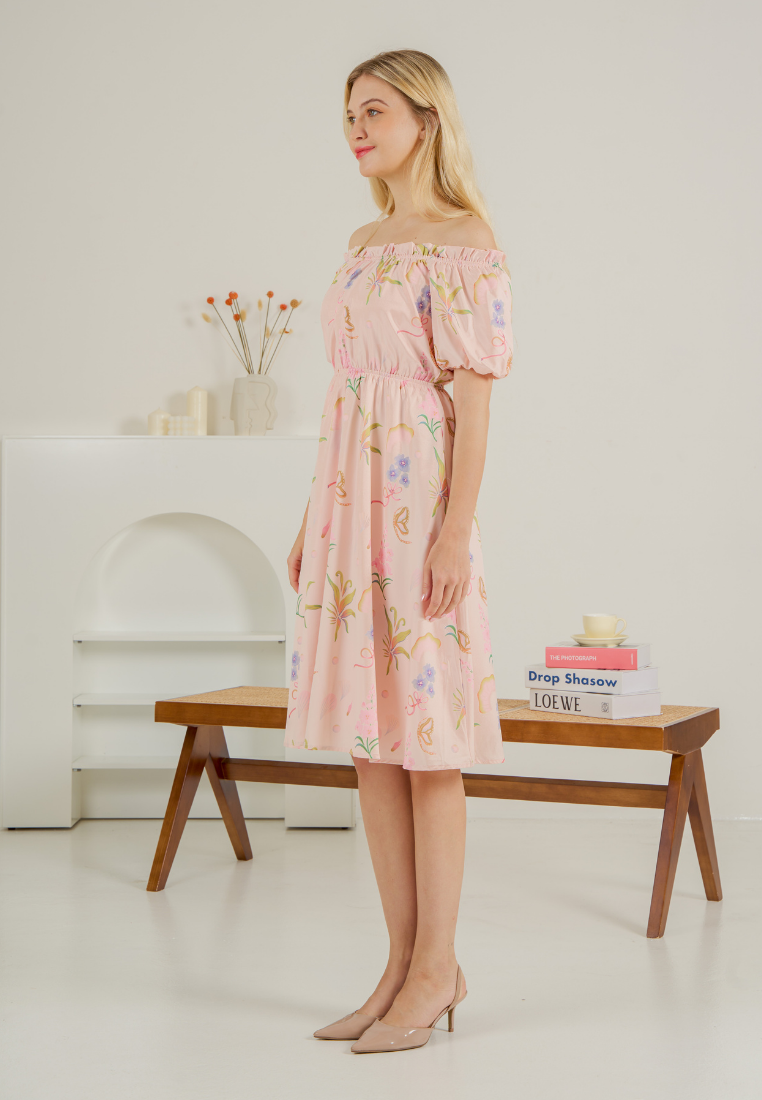 Bloom Off-shoulder Flare Dress(Pink)