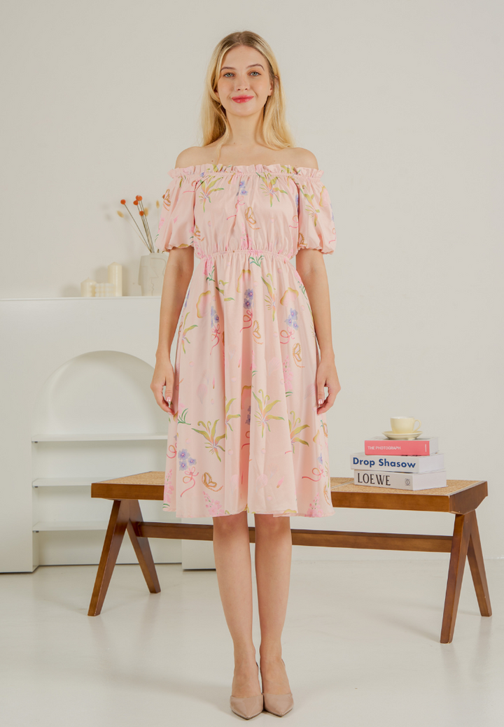 Bloom Off-shoulder Flare Dress(Pink)