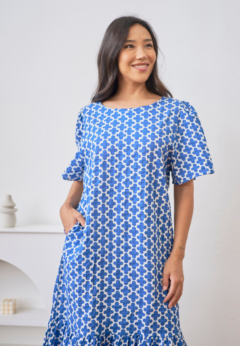 Sandra Geometric Print Mermaid Hem Dress (Blue)