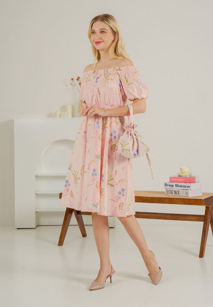 Bloom Off-shoulder Flare Dress(Pink)