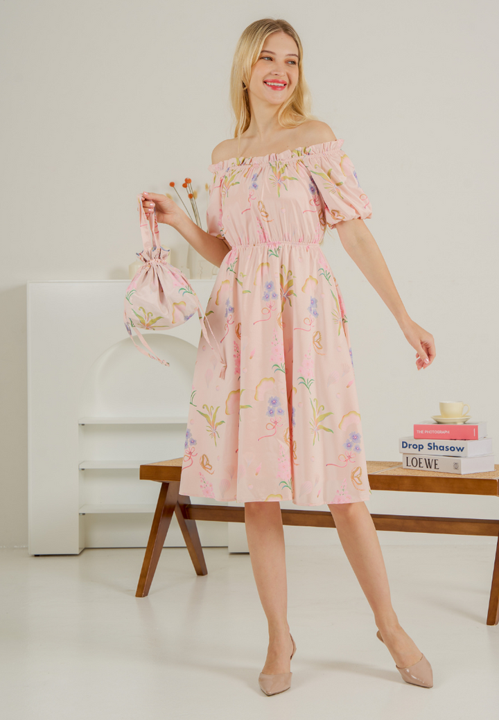 Bloom Off-shoulder Flare Dress(Pink)