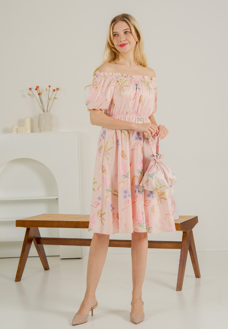 Bloom Off-shoulder Flare Dress(Pink)