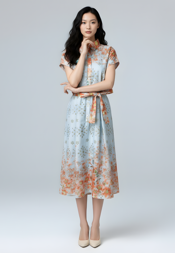 Camellia Cotton Eyelet Floral Prints Button Down A-line Collared Dress (Blue)