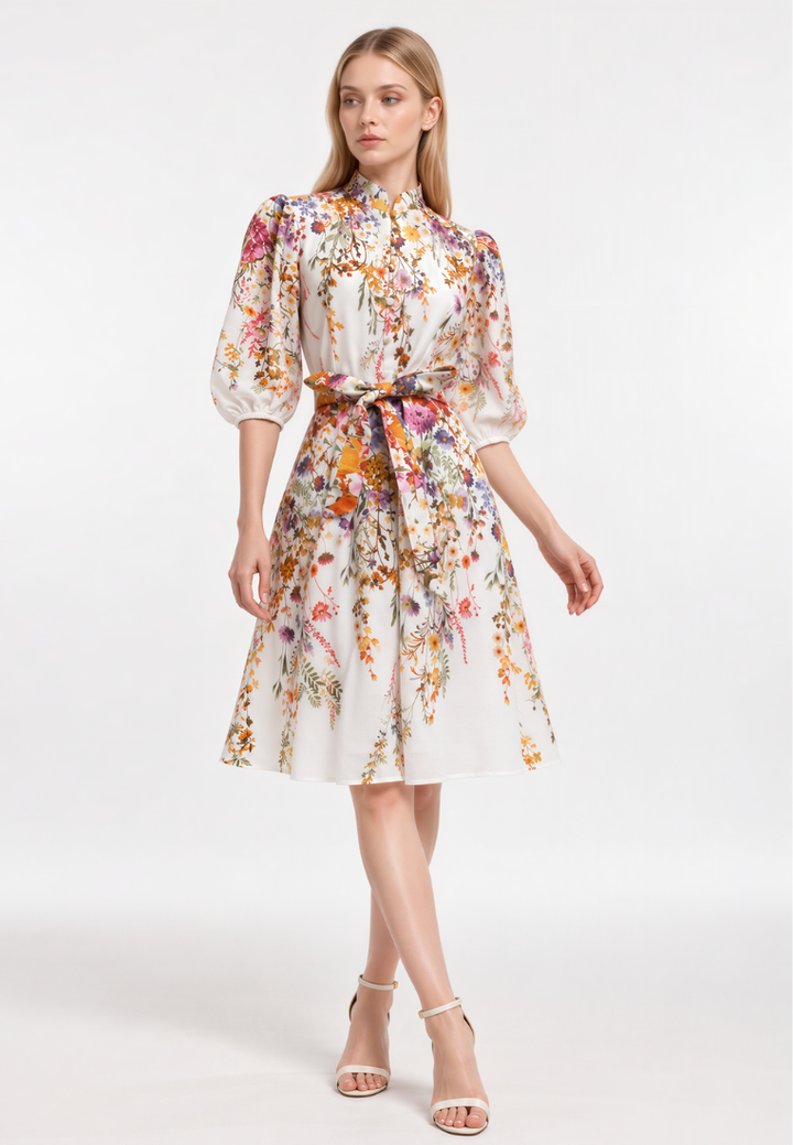 Nicole Floral Prints Mandarin Collar Puff Sleeve Belted Midi Dress (White)