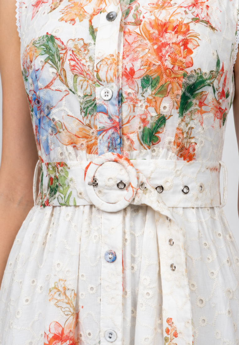 Close-up of Love Knot Clementine dress — floral print and button-down front detail