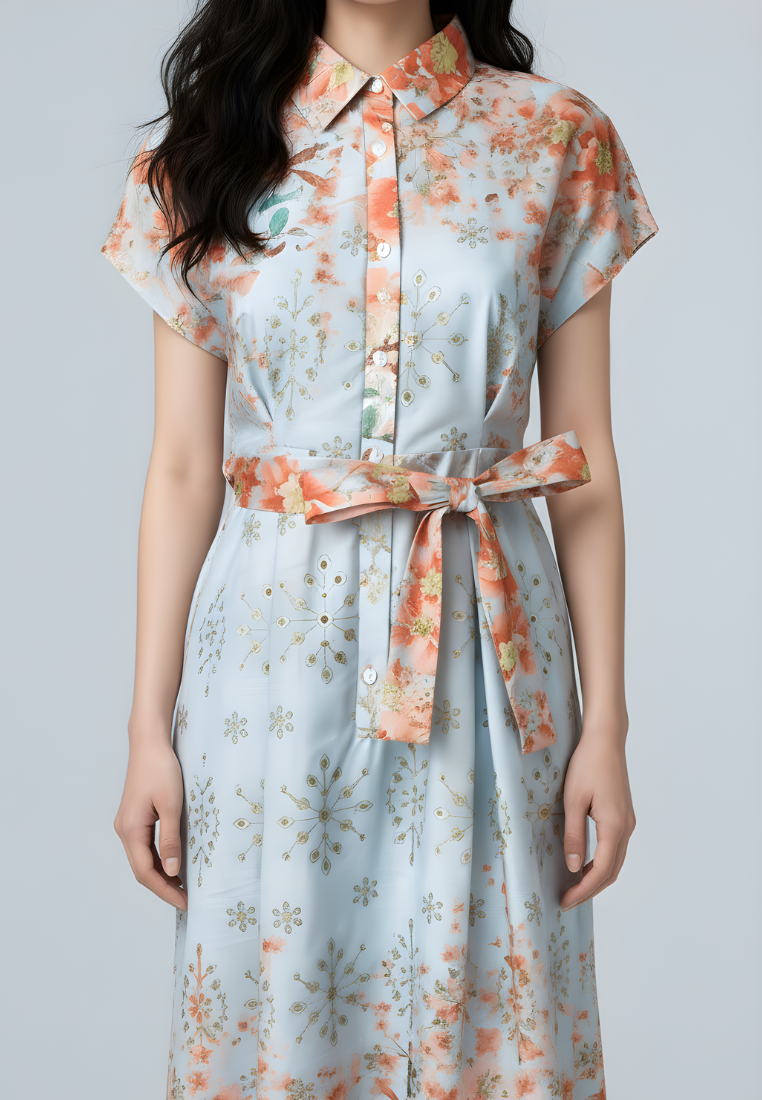 Camellia Cotton Eyelet Floral Prints Button Down A-line Collared Dress (Blue)
