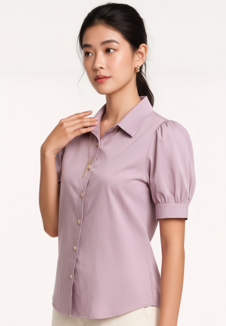 Mira Puff Sleeve Cropped Shirt Top (Purple)