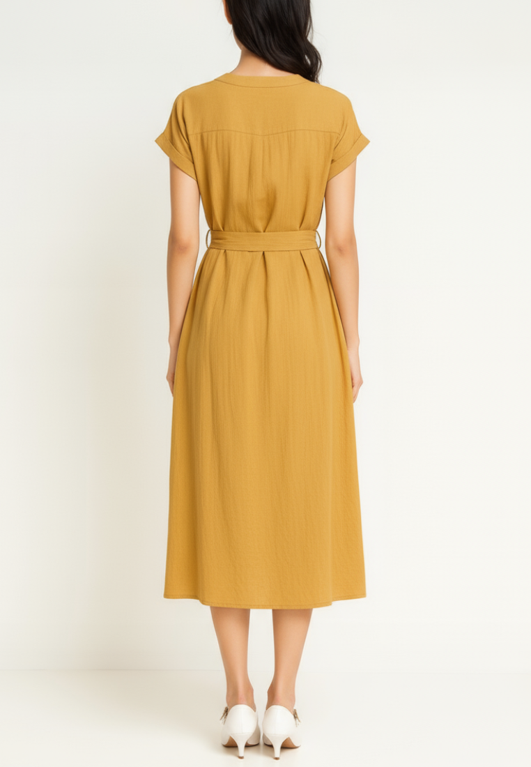 Allara Puff Sleeve Button Down Midi Dress (Yellow)