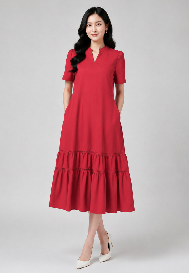 Adelina Ruffle Hem Midi Dress (Pink)